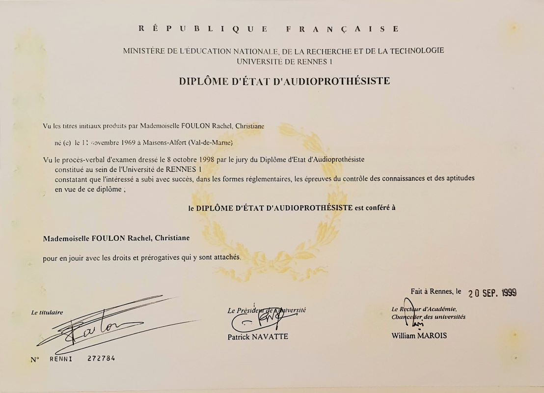 diplome d'état d'audioprothesiste de Rachel Bricher